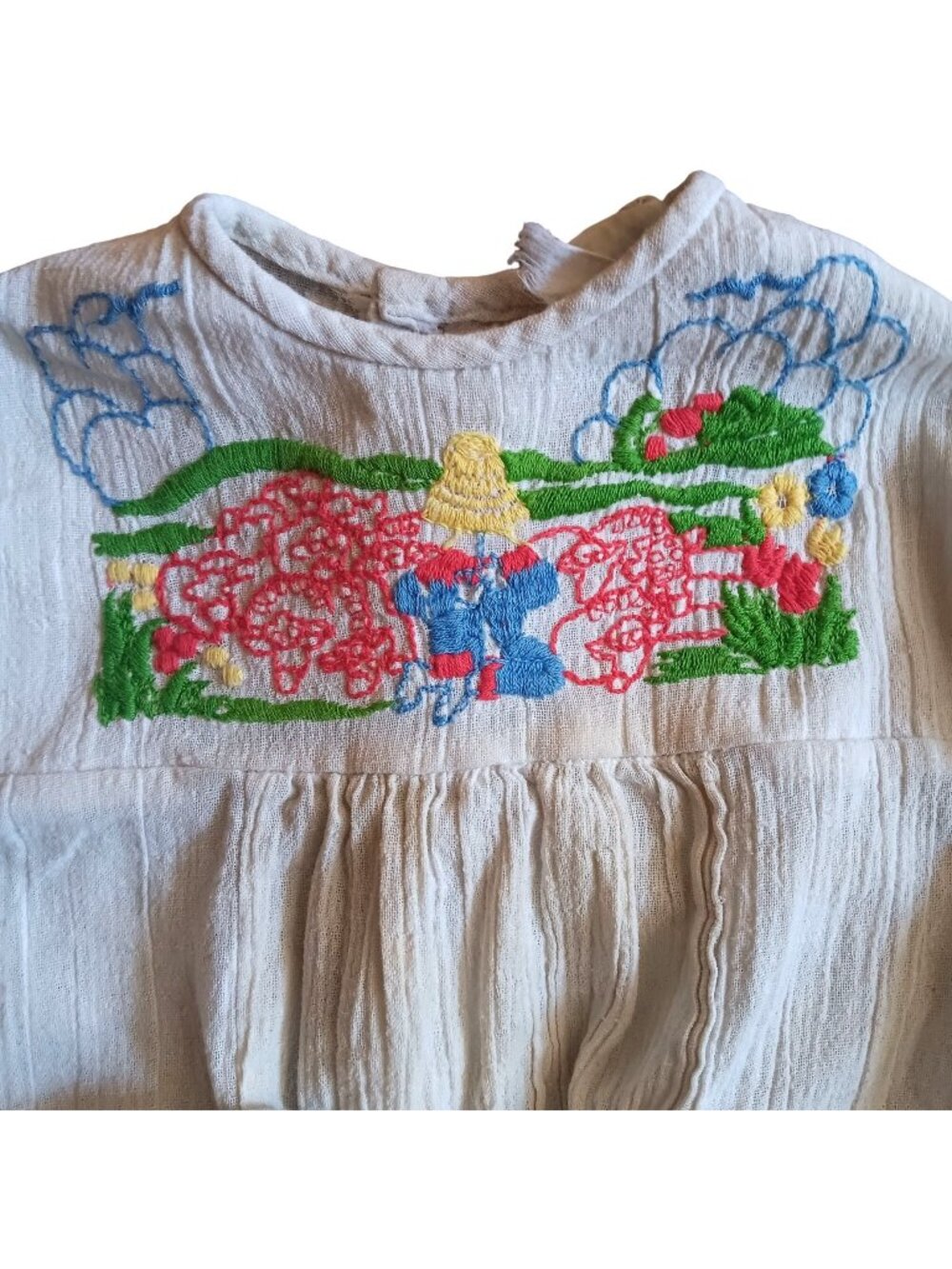 Sz 6 Vintage 70's Peasant Top Girls White Embroidered Belt Textured Cotton Hippy